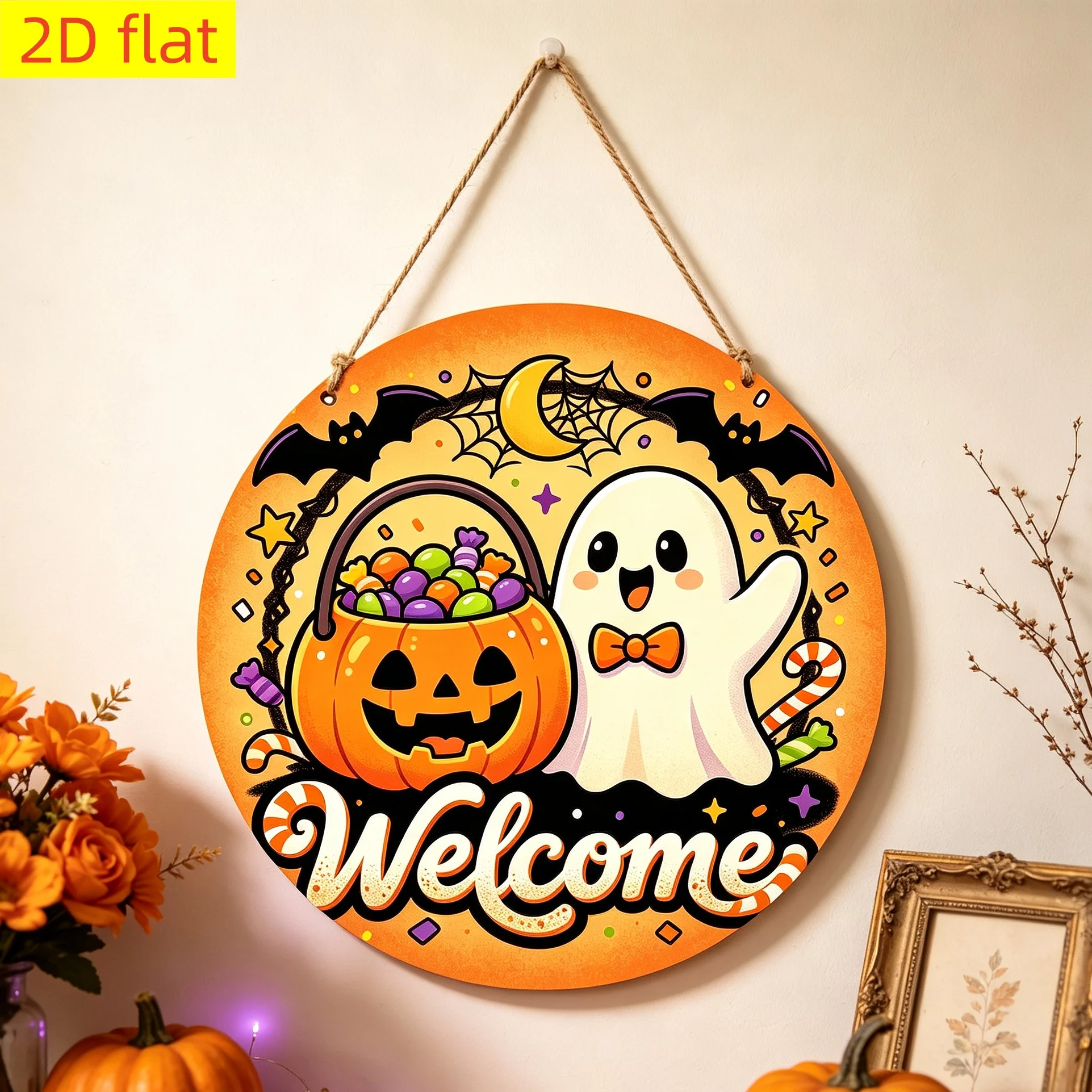 2D Flat, 1pc 2D Flat Printed Halloween Wooden Round Hanging Sign, Door Hanger Ornament, Dual Use as Door Hanger/Wall Hanging, Su