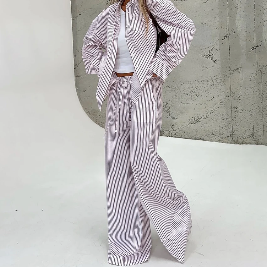 

Hiloc Casual Outdoor Woman Stripe Pajama 2 Piece Set Long Sleeve Pockets Single-Breasted Top Floor Length Wide-Leg Trousers Suit