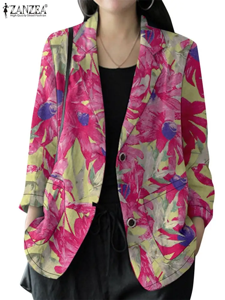 ZANZEA-blazer estampado floral para mulheres, jaquetas soltas casuais, casacos finos com gola lapela elegante, roupas vintage, manga longa, outono, 2024