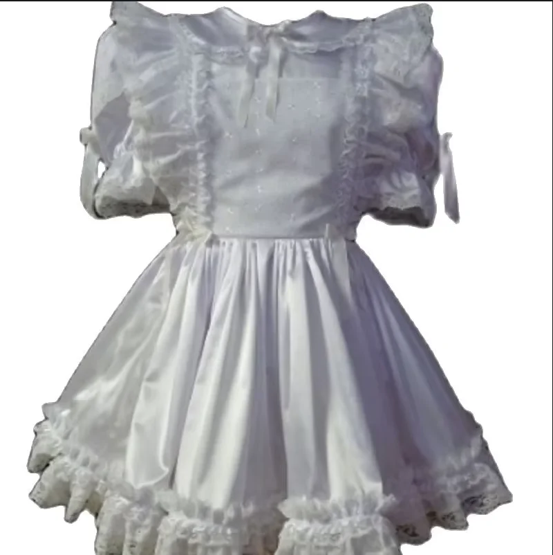 

French Girl Princess White Satin Lace Doll Collar Cute Adult Sissy Less Custom Dress