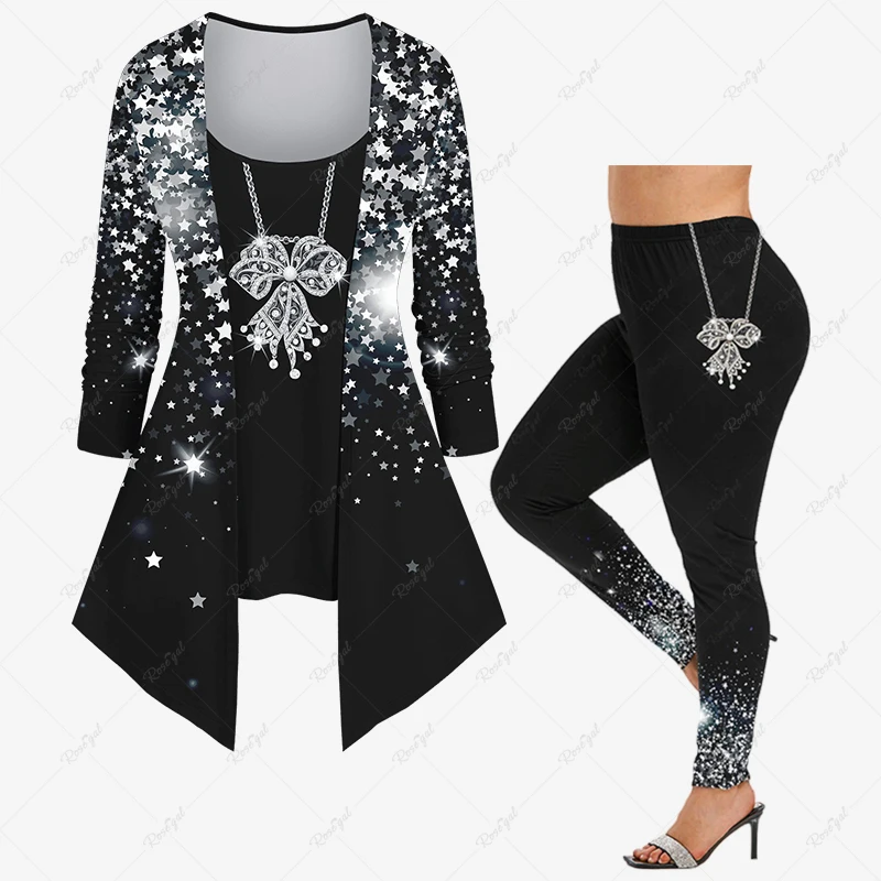 

New Women's Daily Casual Matching Set Chain Bowknot Stars Sparkling Sequin Glitter 3D Print 2 in 1 T-shirt or Leggings Set