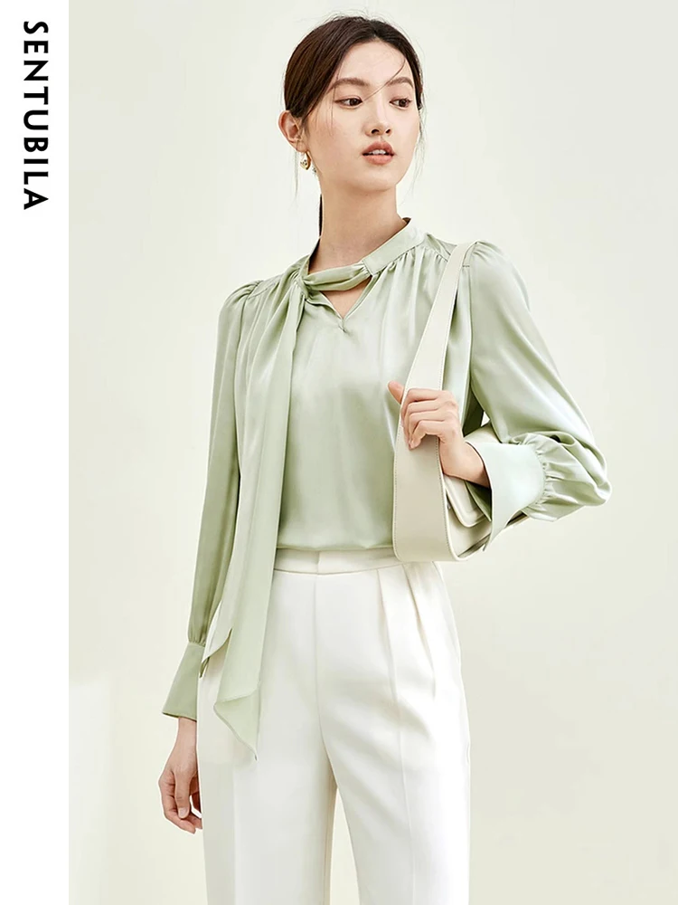 SENTUBILA Elegant Chiffon Blouse for Women 2024 Autumn Bow V Neck Long Sleeve Top Woman Office Lady Shirts & Blouses M33V50342