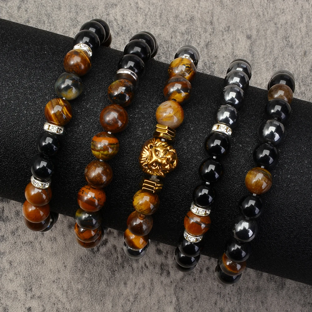 5 Styles Natural Stone Protection Bracelet with Tiger Eye, Obsidian and 8mm Round Body Crystal for Enhanced Self-protection