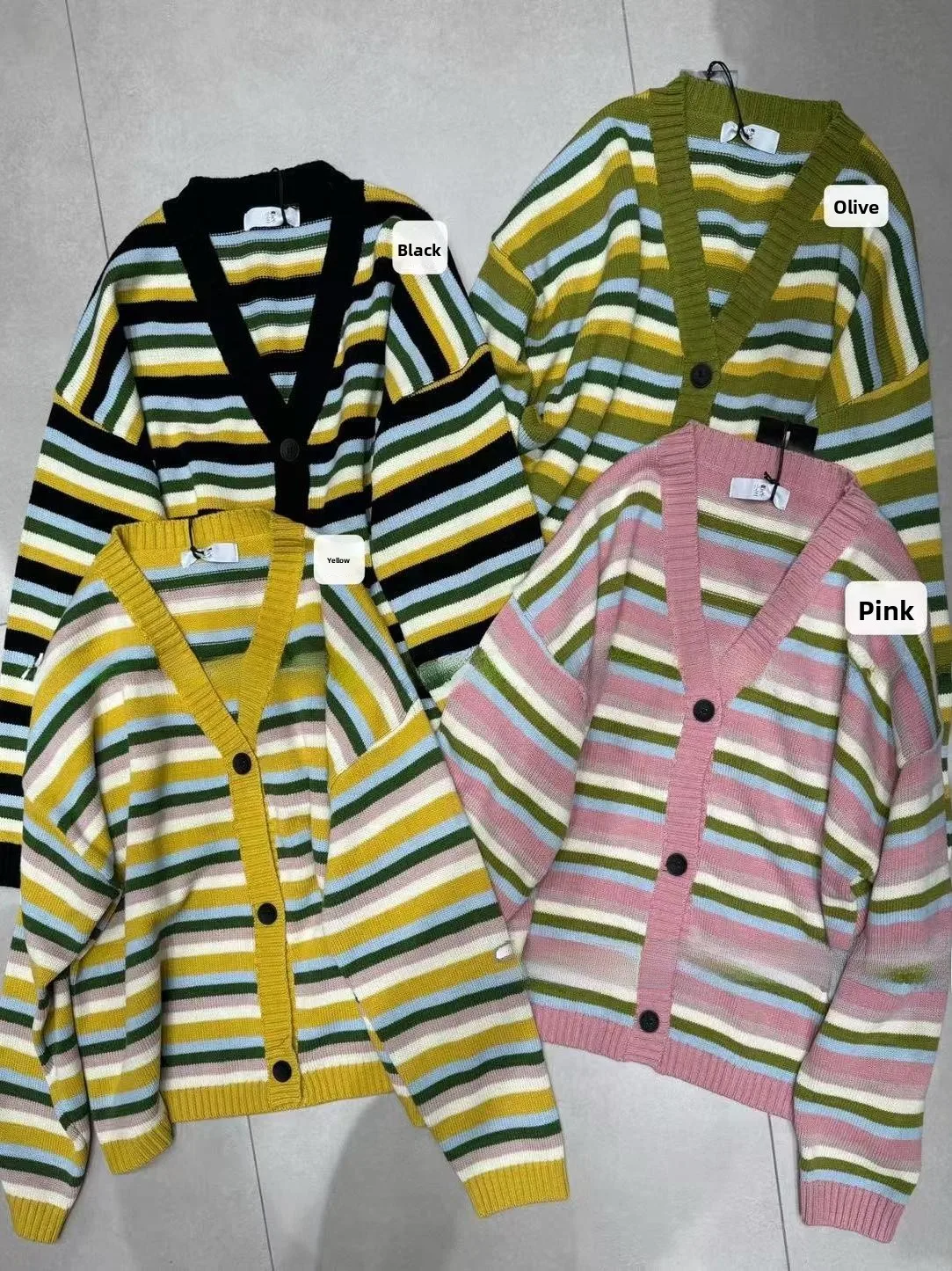 

Loose Korean Sle Knitted Cardigan Sweater Casual Stripe Lazy Sle Women's Spring Faion Outerwear Comfortable plus Size