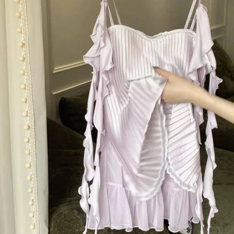 Sweet Sleepwear Women Soft Silk Chiffon Pleated Suspender Pajama Off Shoulder Lingerie Sexy Loose Puff Wrinkle Nightgowns 2026