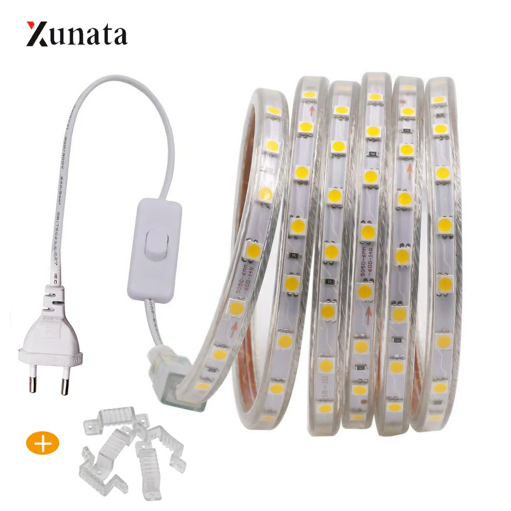 LED Strip Light 5050 220V 110V 60LEDs Flexible LED Tape with ON OFF Switch Waterproof LED Ribbon White Warm White for Home Decor