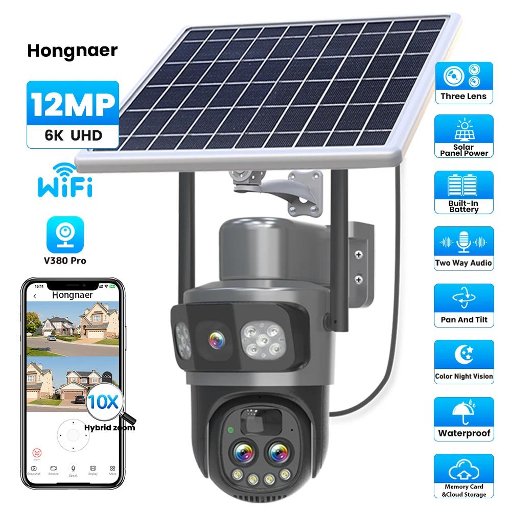 

Hongnaer 12MP 6K Three Lens 10X Zoom Outdoor WiFi Solar Panel Powered Wireless CCTV Security PTZ V380 Pro WiFi Solar CCTV Camera