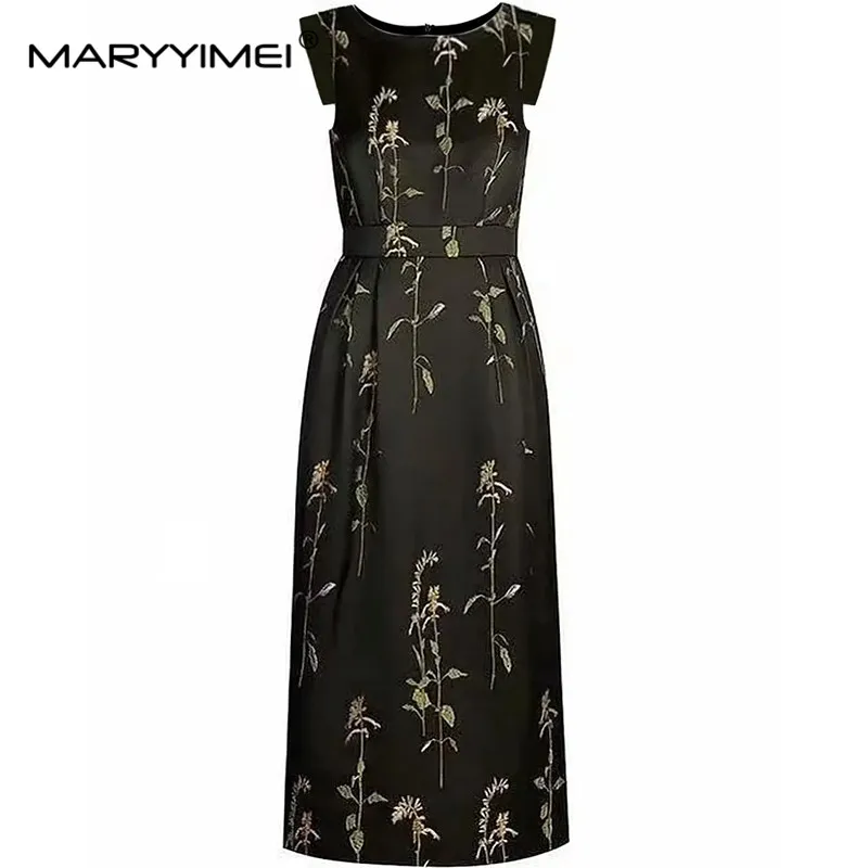 

MARYYIMEI Fashion Design Spring Summer Women's O-Neck Sleeveless Embroidery Commuter Office Lady Pretty Slim Dresses