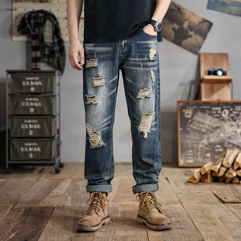 

28-48Large Size Men's Ripped Jeans Men's Retro Trendy Loose Straight Wide Leg Casual Fashion Fat People 280KGPants