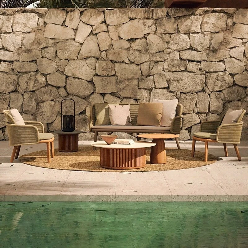 Nordic outdoor sofa, garden villa courtyard teak rattan, casual waterproof and sun protection
