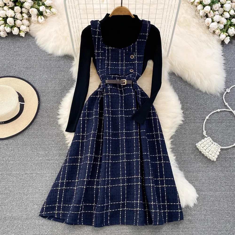 2024 Autumn Winter Long Plaid Dress Women Sleeveless Woolen Sundress With Belt Loose Spaghetti Strap Dresses Female Vestidos