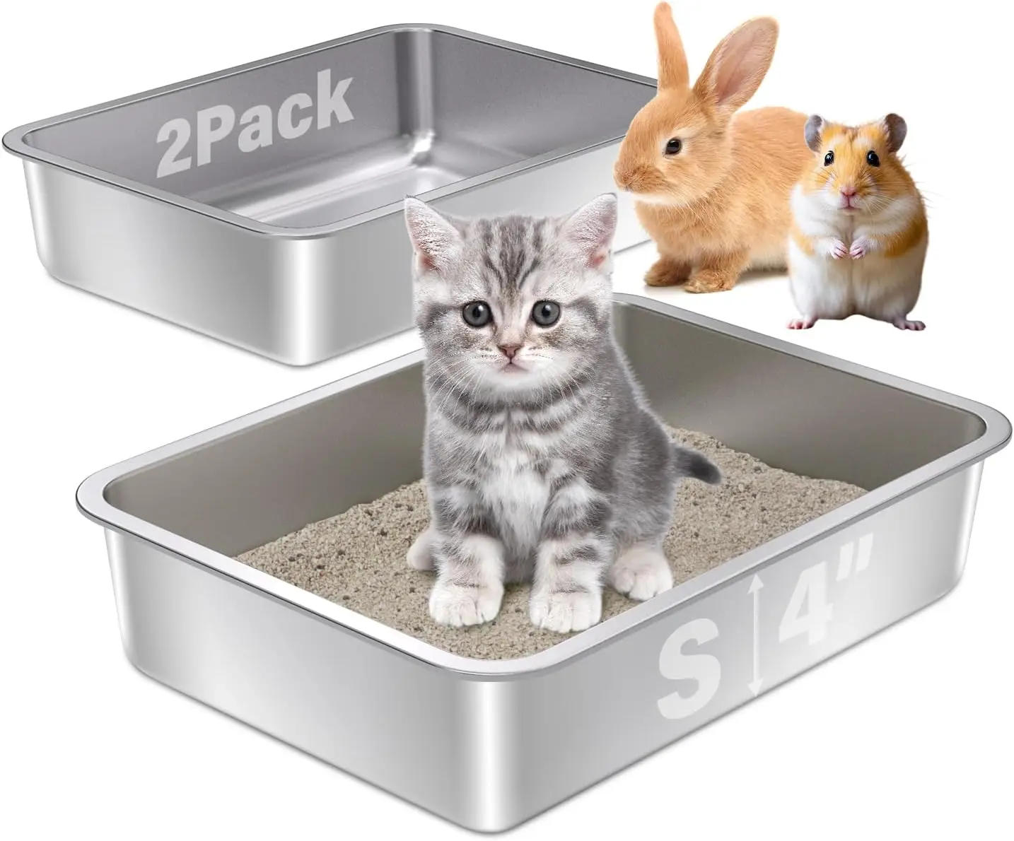 

Stainless Steel Litter Box 2Pack,15.7"×11.8"×4" Small Cat Litter Box,Metal Litterbox for Kitten,Bunny,Guinea Pigs,Non