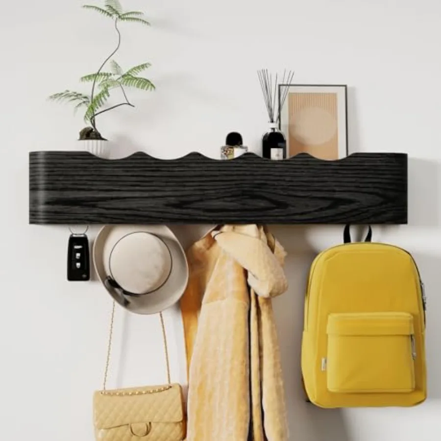

Coat Rack Wall Mount with Shelf Hidden Modern Wooden Key Holder Entryway Organizer for Hallway Bedroom Bathroom Home Decor Stor