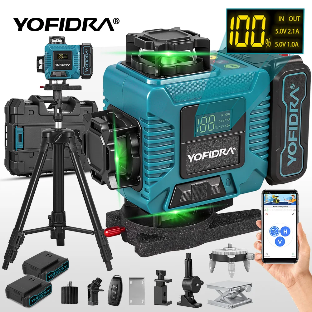 YOFIDRA Livella Laser Verde 4D a 16 Linee con Treppiede Autolivellante 360° ° Strumento Professionale con Controllo Remoto APP per Linee Orizzontali e Verticali