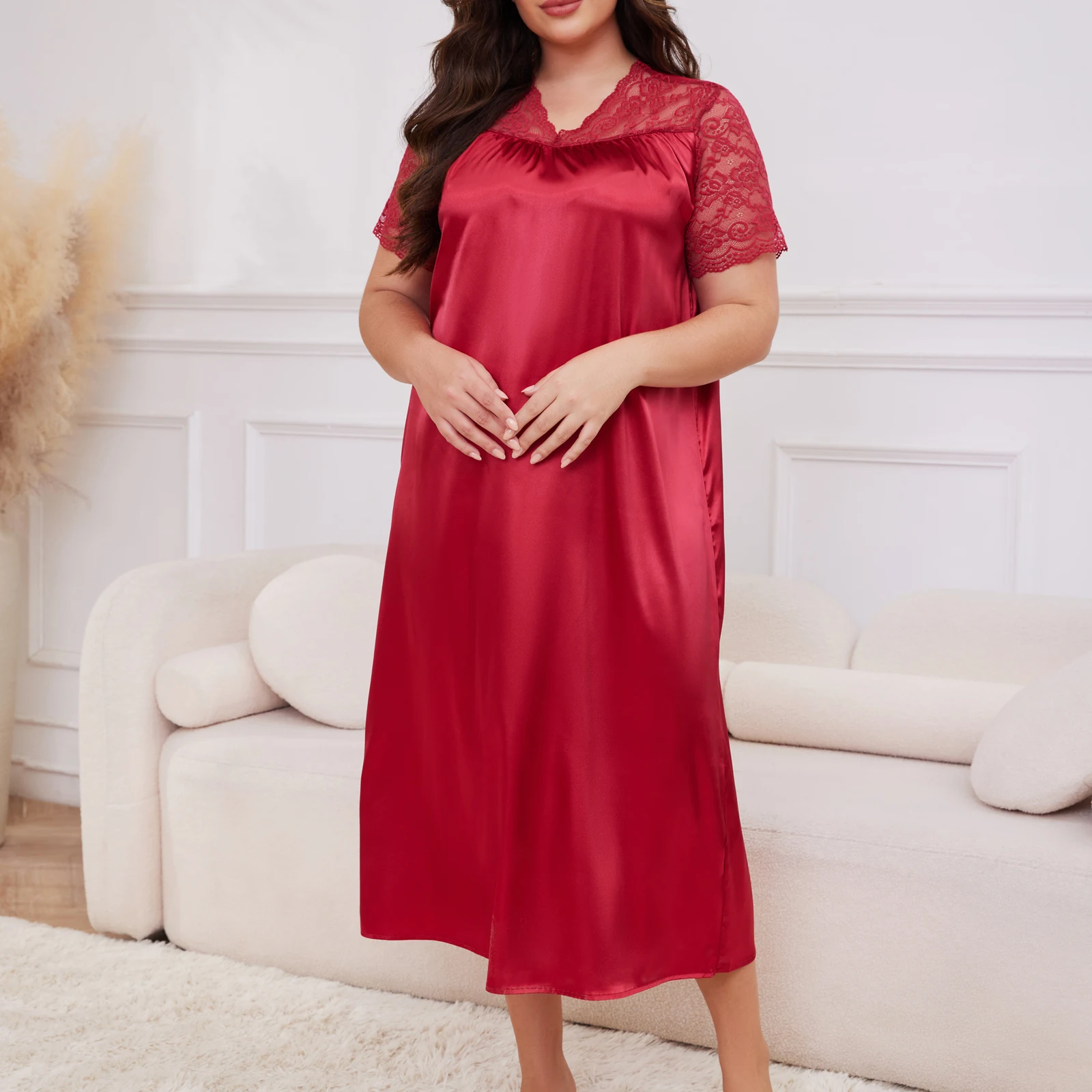 

Women'S Pajamas Plus Size Silky Home Clothes Lace Splicing Nightdress Ladies Elegant Pajamas Bedroom Sleep Comfortable Relax