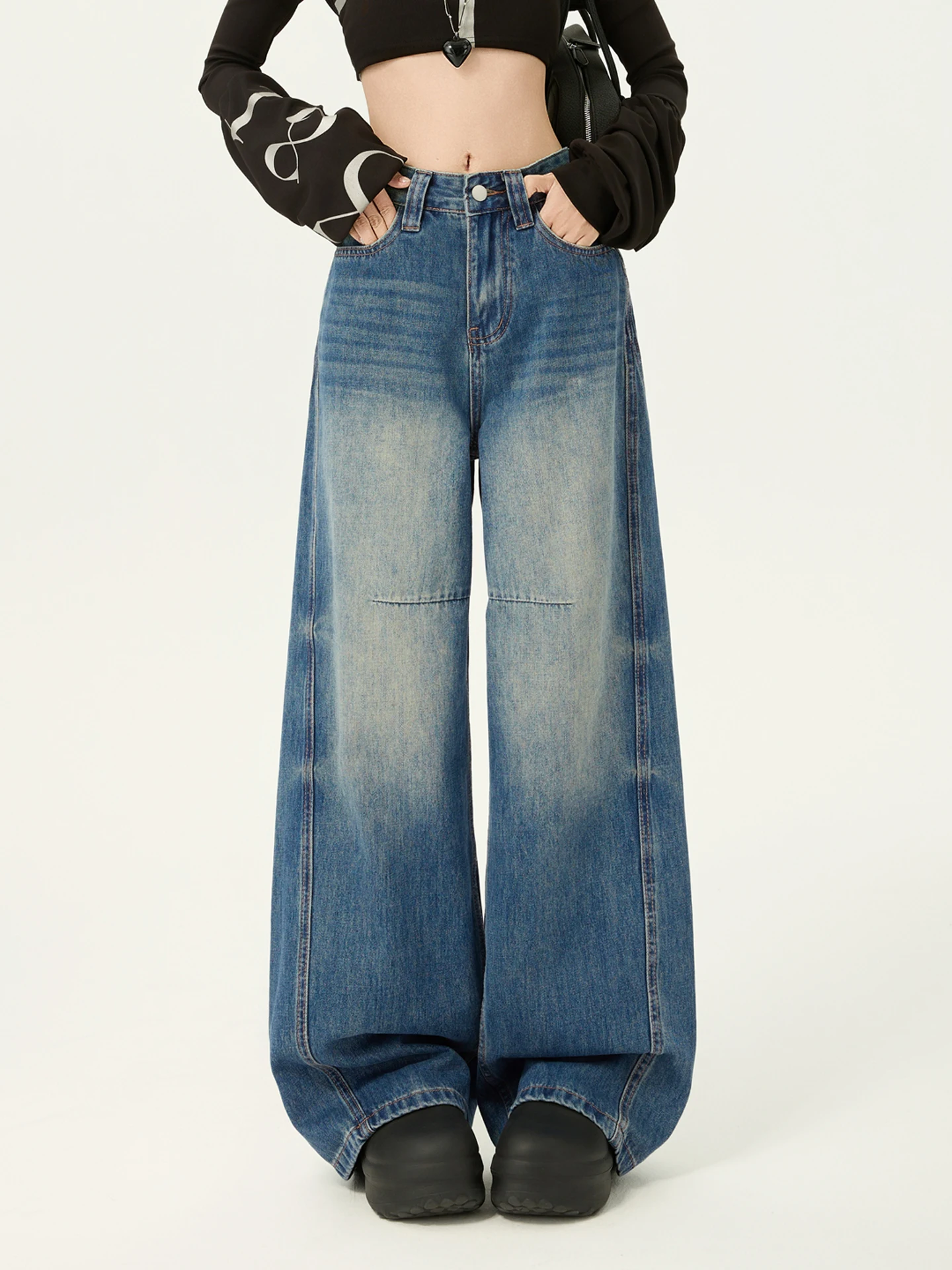 

Ретро-джинсы женские широкие, джинсовые, весна-осень, новые, свободные, в пол, с эффектом потертости, скинни