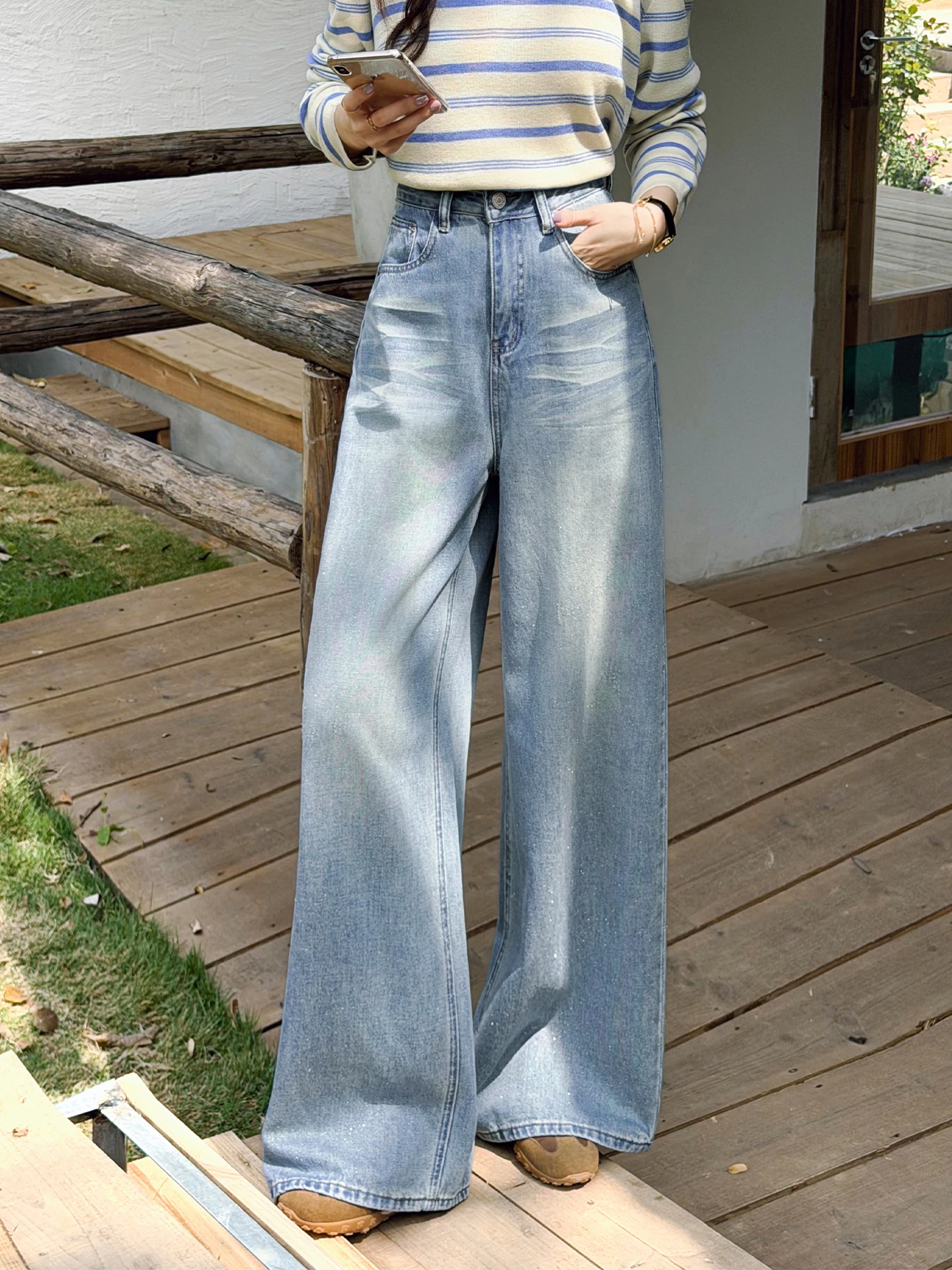 

Светло-голубые джинсы с блестками, с высокой талией, свободного прямого кроя, универсальные, весна 2026, корейский стиль, для комфортного ношения