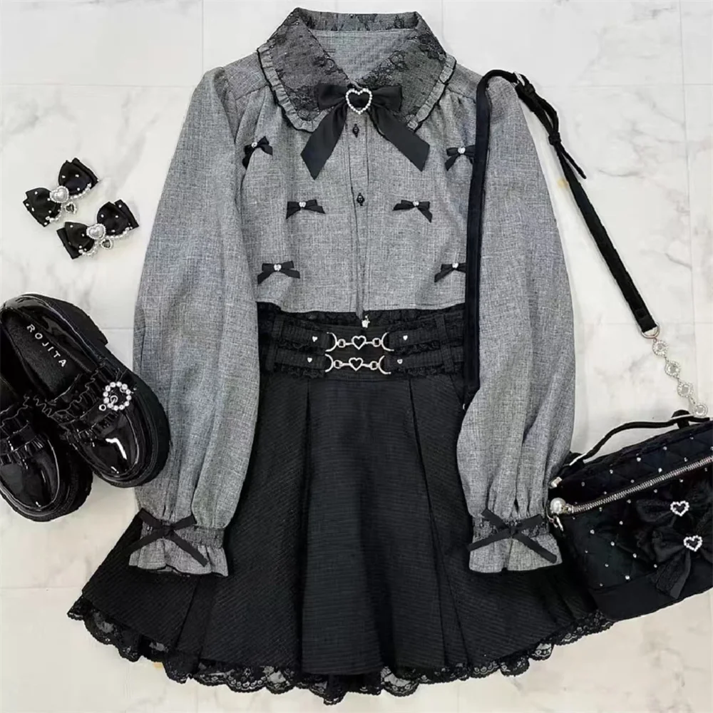 

Милая кавайная черная лоскутная блузка в японском стиле, комплекты мини-юбки с бантом, милые осенне-зимние наряды с длинными рукавами