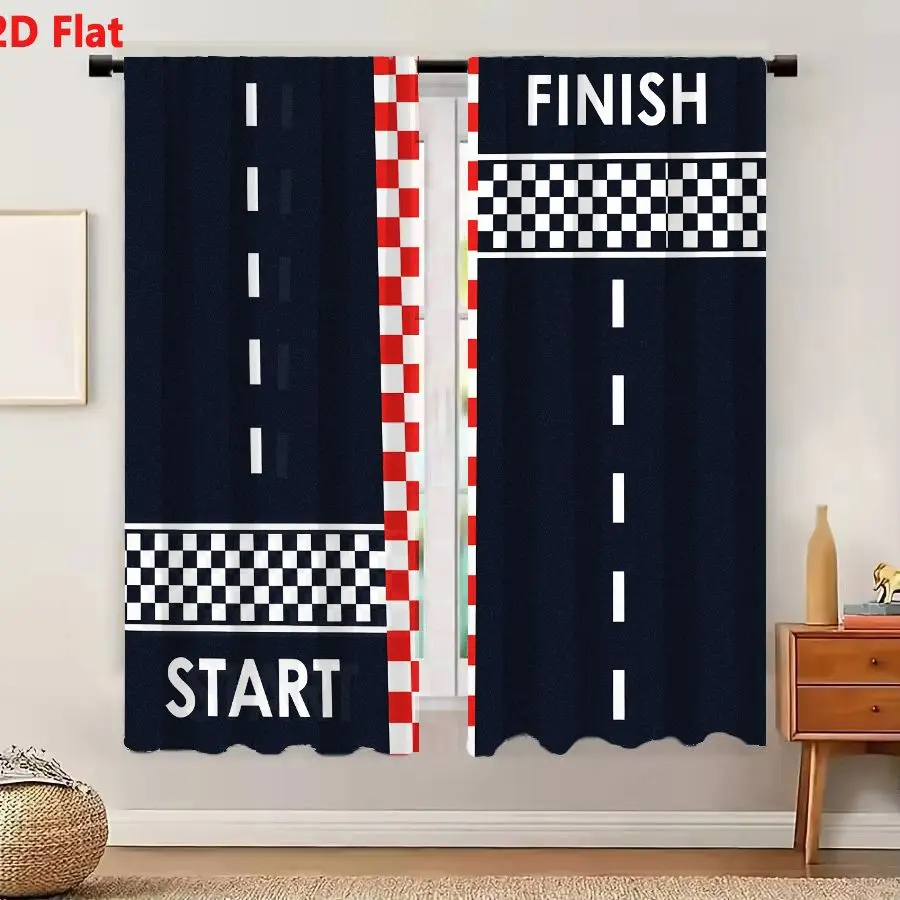 2Pcs Curtains 2D Flat Top Down Graphic Of Racetrack Start And Finish Lines On Dark Navy Blue Background Window Drapes for Bedroo