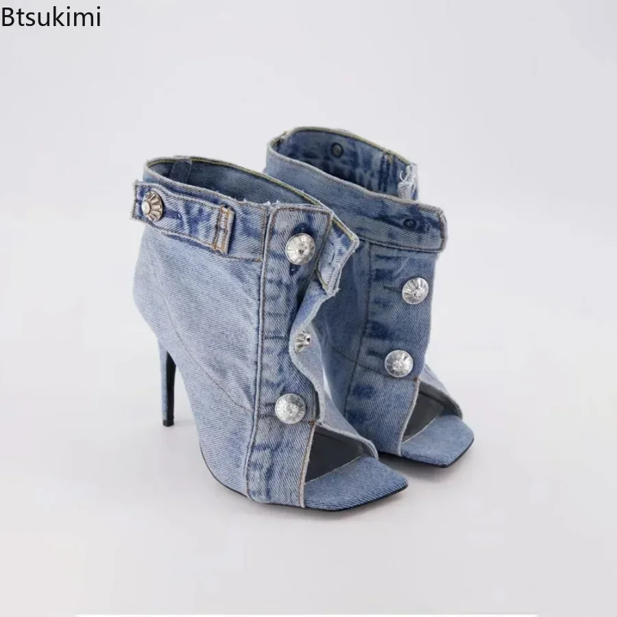 2024Women\'s Summer Sexy Thin Heels Sandals Super High Heels Peep Toe Sandals Female Denim Button Design Summer Ankle Boots 34-45