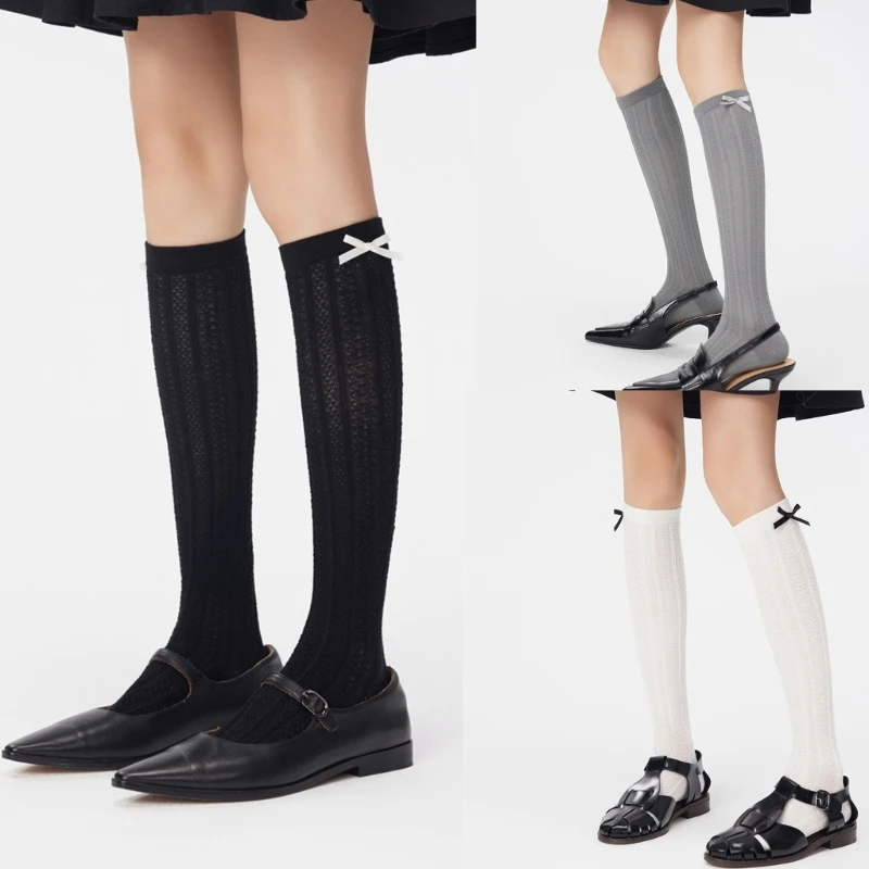 Elegant Bowknot Detailing Breathable Mesh Over Calf Socks for Women Student School Solid Color Cotton Knee High Stocking