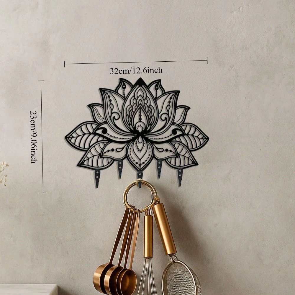 ロータス壁掛けキーホルダー - コートフックと帽子掛け付きのスタイリッシュな玄関オーガナイザー、鍵やバッグ用のモダンなゴールド/ブロンズシェルフ
