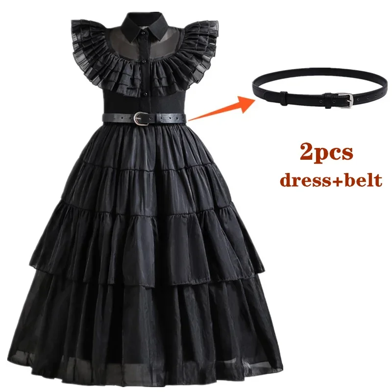 Wednesday Addam Costums for Girls New Birthday Vestidos Gothic Black Mesh Dress Wednesday Cosplay Black Dress for Girls 4-12 Yrs