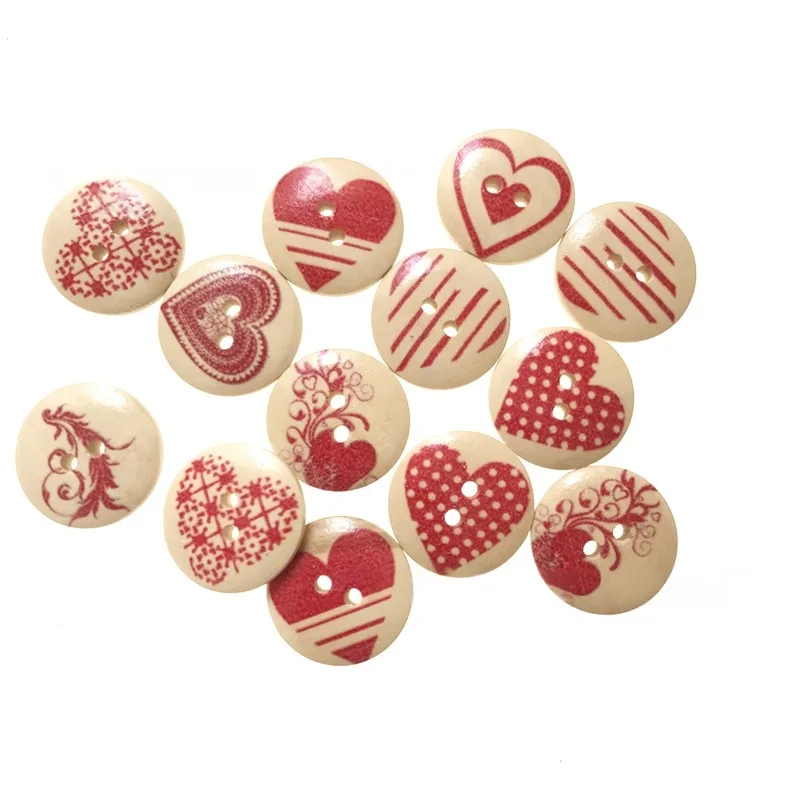 100Pcs 15mm Natural Flat Round Printed Wood Buttons 2-Hole Flat Round with Heart Decorative Wooden Buttonsfor DIY Sewing - view 3