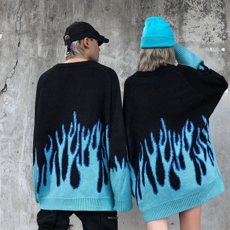 

New Winter Autumn Sweater Women Men Casual Long Sleeve Blue Flame Oversized Pullover Sweater Loose Boyfriend Pullovers