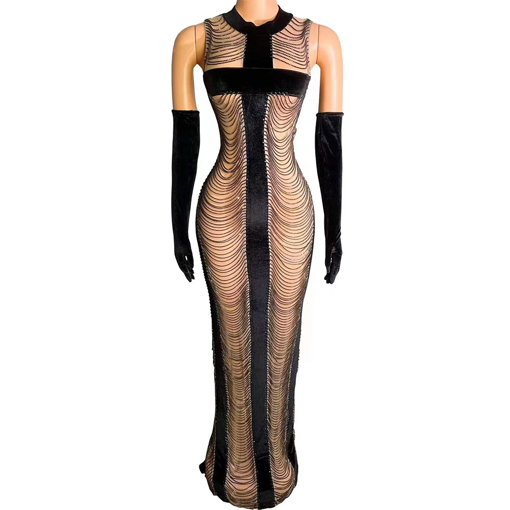 

Luxury Crystal Prom Gown Birthday Celebrate See Through Long Dress Women Bodycon Dress Sexy Stage Party Evening Photoshoot Dress