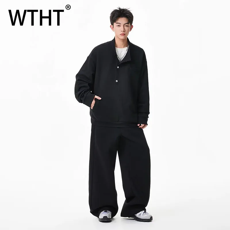 WTHT Fashion Men's Suit Solid Color Button Stand Collar Pullover High-waisted Wide Leg Pants Set Male 2025 Autumn 2A2025