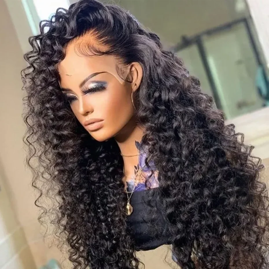 32 34Inch Deep Wave Frontal Wig Human Hair 13x4 Curly Lace Front Wig Transparent 4X4 Lace Wig 180 Density Remy Brazilian Hair