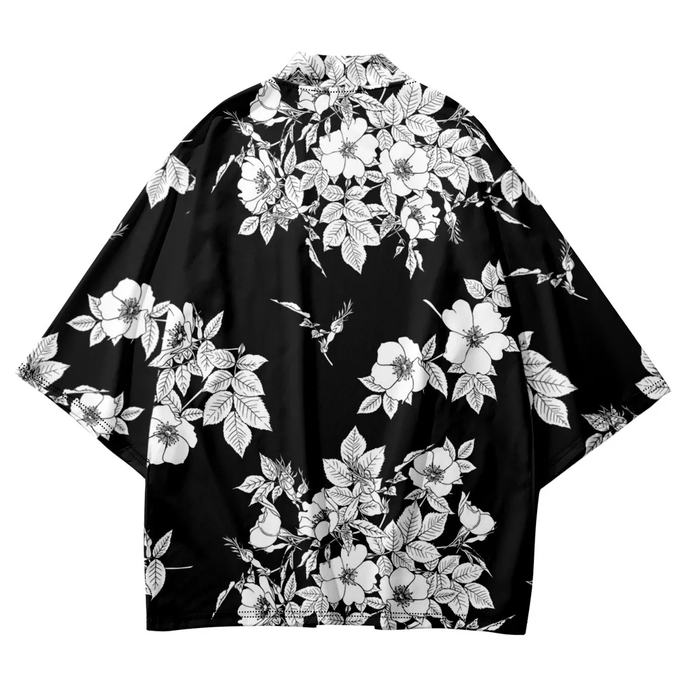 Summer White Flowers Print Black Shirts Traditional Kimono Men Women Yukata Fashion Japanese Cardigan Cosplay Haori Clothing