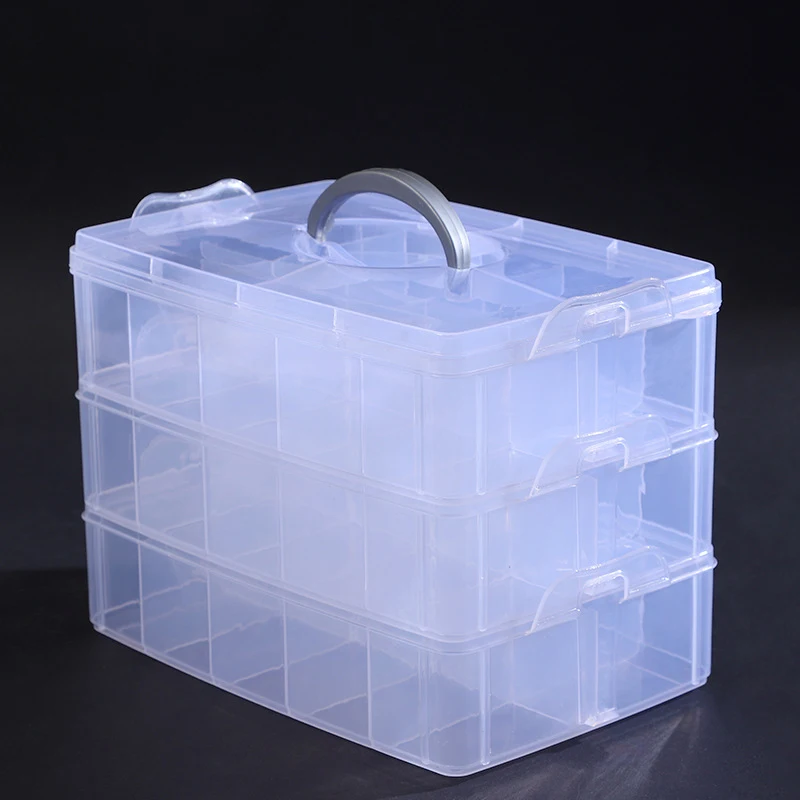 積み重ね可能な透明なプラスチック製ジュエリーボックス、収納ケース、調整可能な仕切り付きコンテナ、3層、ビーズオーガナイザー、30グリッド
