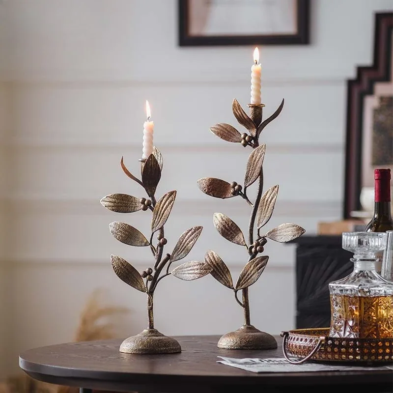 American Vintage Christmas Candelabra - Wrought Iron Floral Table Lamp with Beeswax Tray, Holiday Dining/Living Room Centerpiece