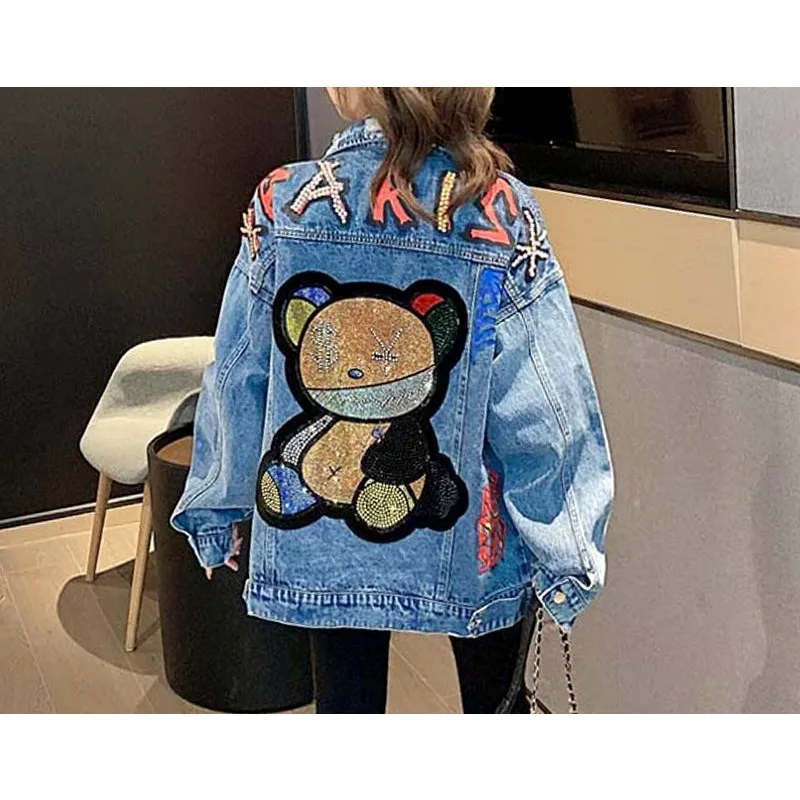 

2024 Women's New Fashion Beaded Reprint Floral Bear Print Denim Jacket Coat Women's Casual Loose Trend Hole Denim Jacket Coat