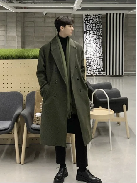 Winter men's army green cashmere coat  suit collar solid color double breasted over the knee thickened woolen coat  size 2XL