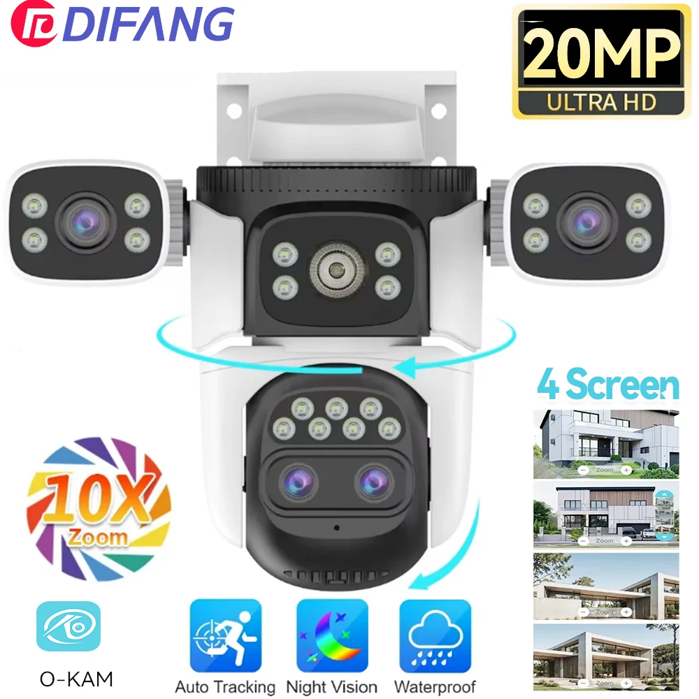 

10K Outdoor WiFi Camera Optical 10X Zoom Four Lens 20MP Four Screens PTZ Human Two Way Audio Auto Tracking Security Camera CCTV