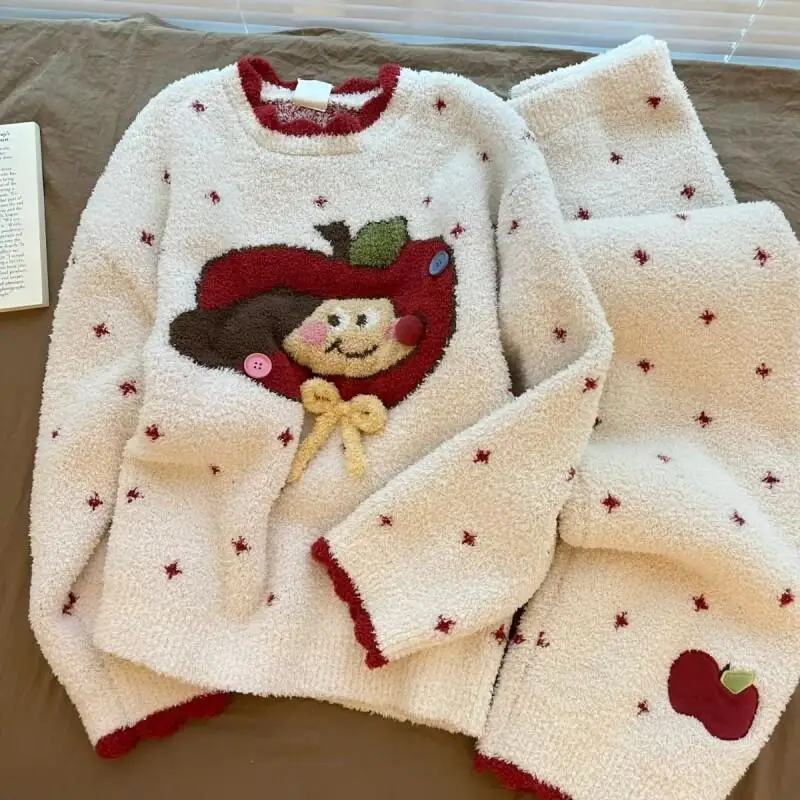 

Sweet Cartoon Apple Print Knit Warm Pajamas Women Autumn Winter Half Fleece Sweater Long Sleeve Homewear Set Cute Kawaii Fashion