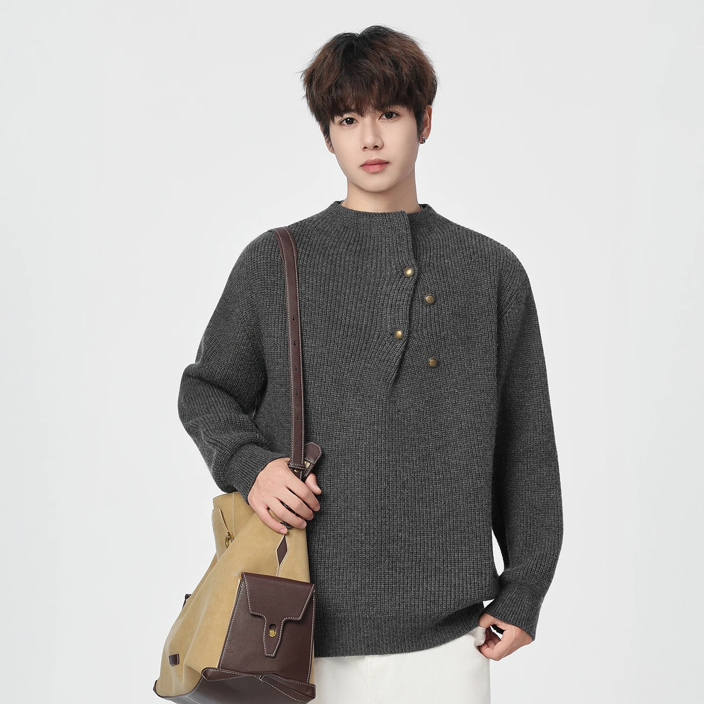 

Korean Autumn/Winter Vintage Sweater Men's Knitted Sweater Lazy Style Retro Soft Japanese Pullover Button Clothes