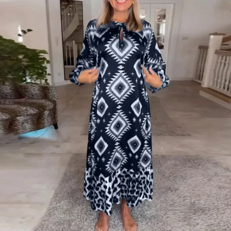 

Retro Lady Robe Dresses Spring Autumn Female Button O Neck Party Maxi Dress 2023 Women Long Sleeve Leopard Geometry A Line Dress