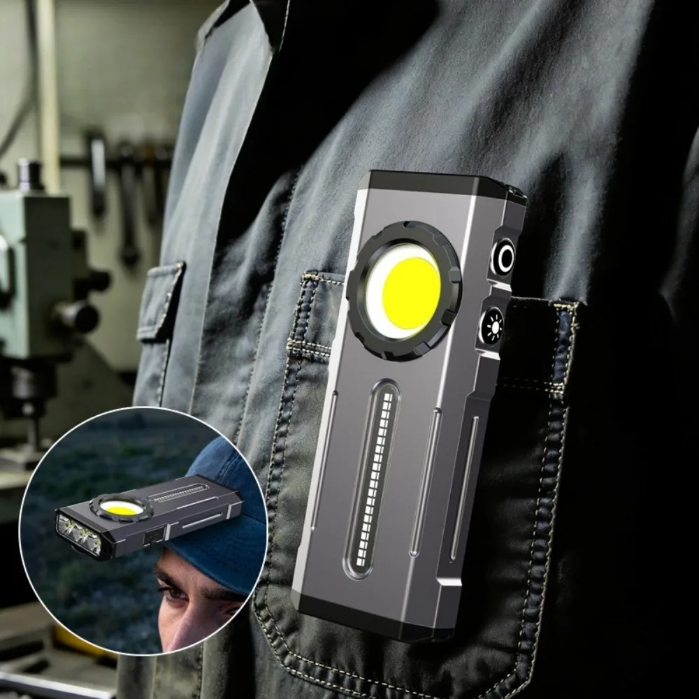 Magnetic COB Work Light Type-C Charging RGB Side Lights Portable LED Flashlight with Hat Clip for Outdoor Camping Hiking