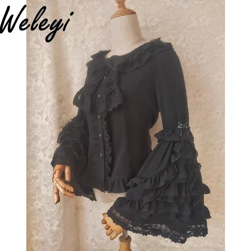 Vintage Jirai Kei Horn Sleeve Black Shirt Women\'s Autumn and Winter New Lolita Lace Gorgeous Big Ji Sleeve Long Sleeve Blouses