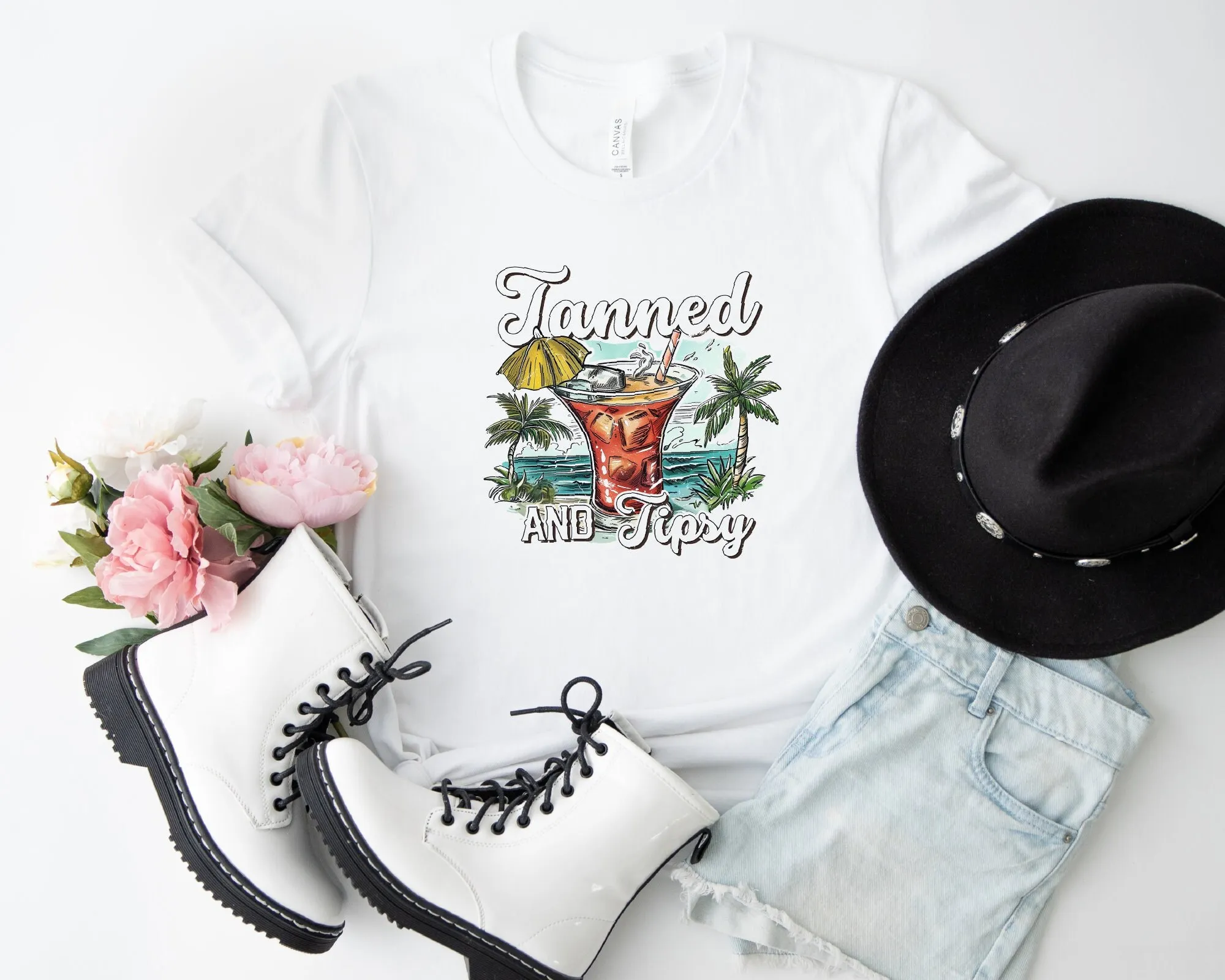 

Tanned And Tipsy T Shirt Palm Tree Summer Vacation Beach Drinking Holiday Cruise Girls Trip