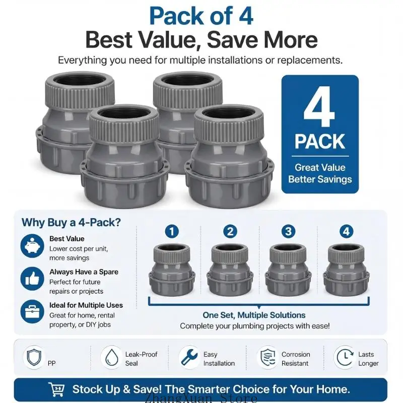 4er-Pack Spülbecken-Abflussadapter-Set mit Gewinde, 1-1/4 Zoll auf 1-1/2 Zoll Gleitgelenk-Adapter aus Polypropylen für – Detail 5