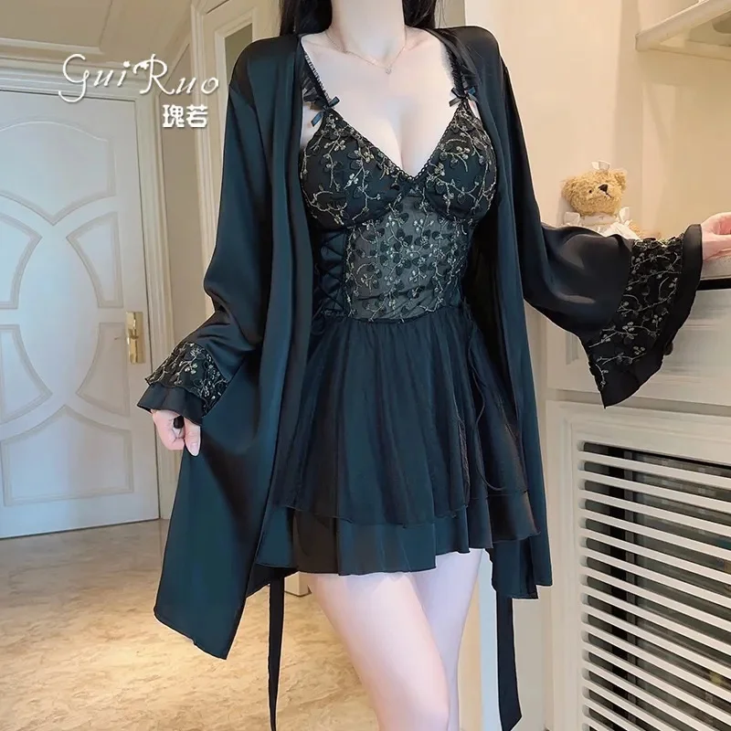 

Хит продаж, однотонная ночная рубашка из полиэстера, кружевной прозрачный халат для женщин, комплект из 2 предметов