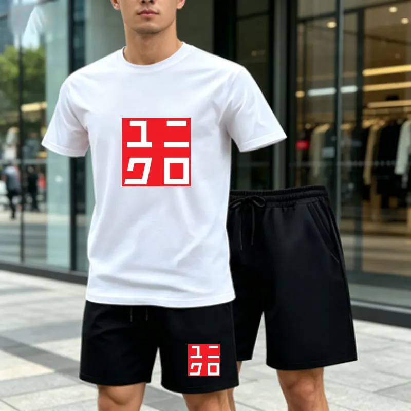 2Pcs men's summer hot selling Uniqlo set short sleeved drawstring T-shirt casual running fitness motorcycle riding sports set