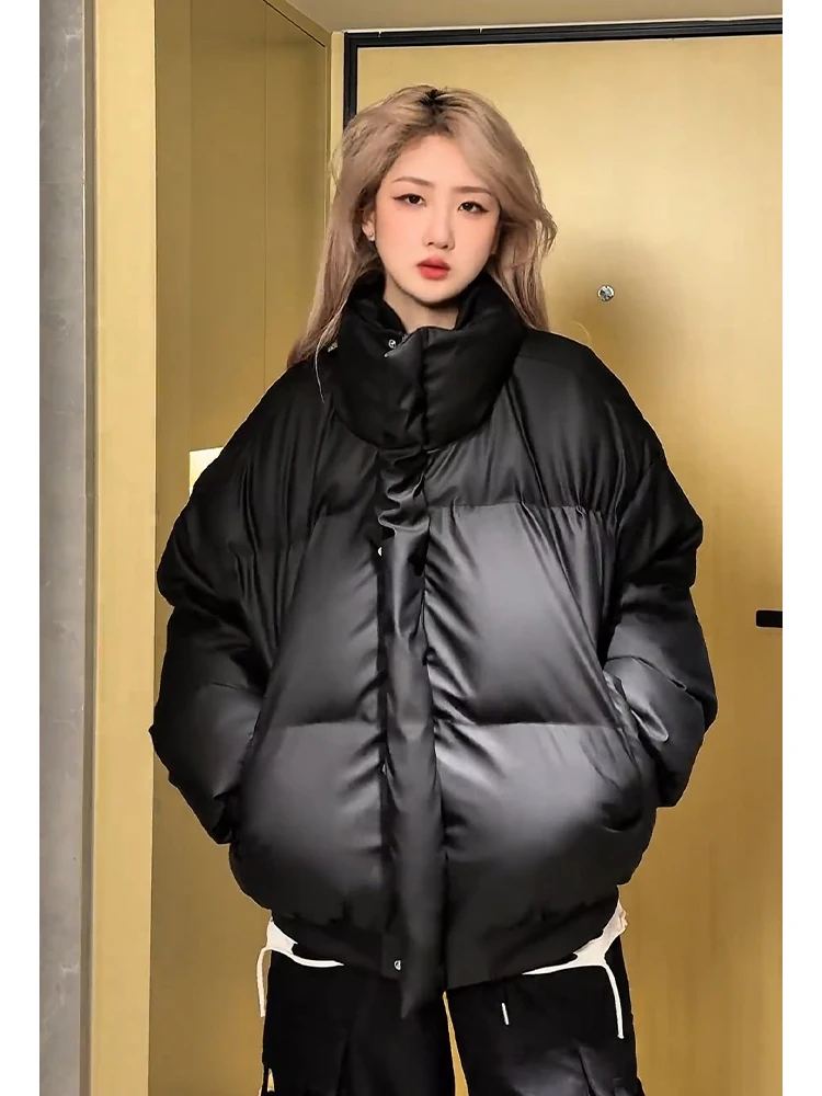 

Thiened Bla American Sle ort down Jaet Men Women Winter Warm PU Leather Cotton Coat ort Bread Sle Zipper Closure