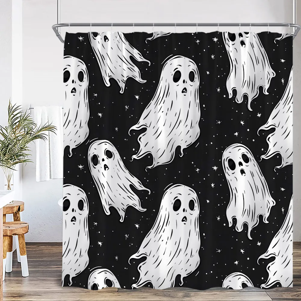 Halloween Skeleton Shower Curtain Skull Cute Ghost Full Moon Night Scary Spooky Bathroom Decor Happy Halloween Bathtub Curtain