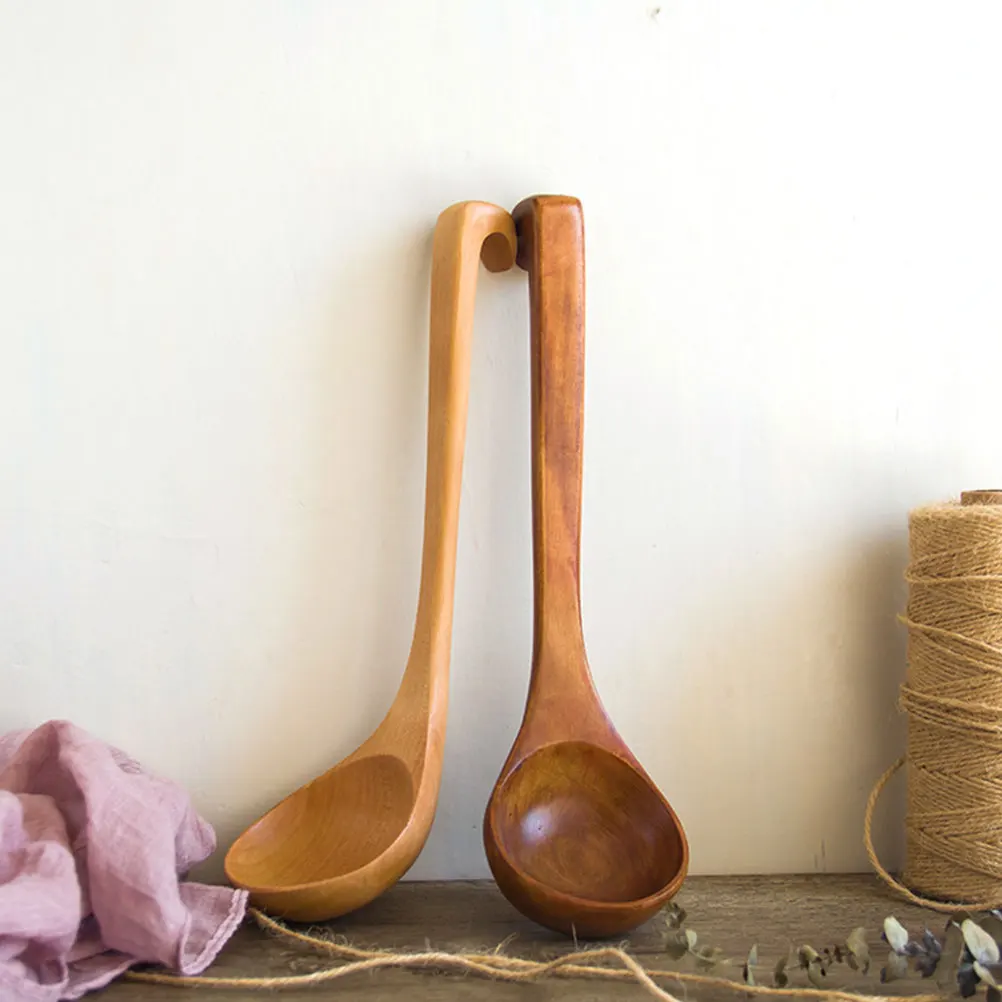 

2pcs Wood Ladle Wooden Spoon Kitchen Tool Soup Mixing Scoop Tableware Dinning Room Long H Easy Clean Multi Functional